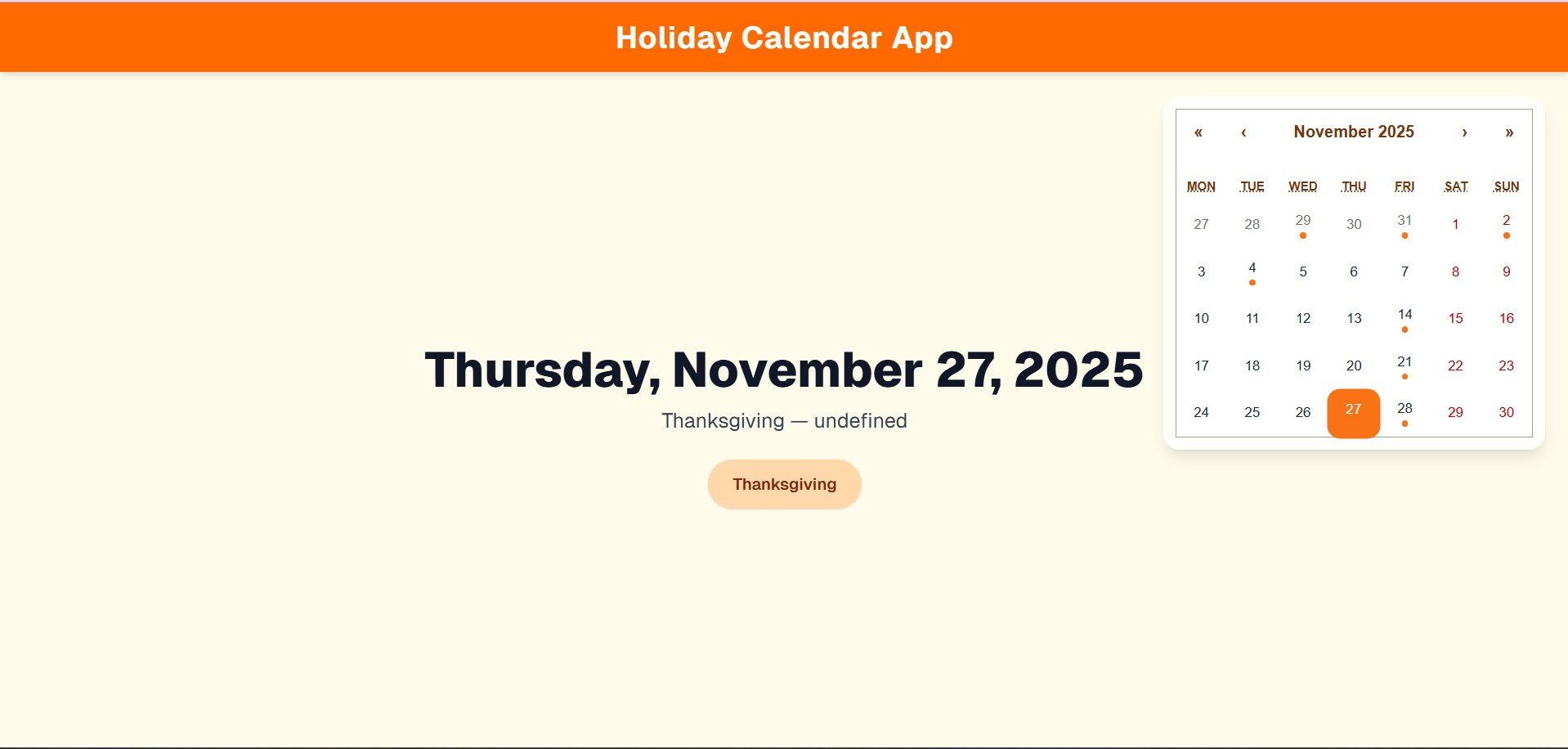 Screenshot of the Food Holiday Calendar App